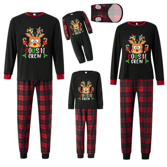 Meihuid Family Matching Christmas Pajamas Set, Xmas Tree Letter Print Round Neck Long Sleeve Tops Plaid Long Pants for Parents Kids