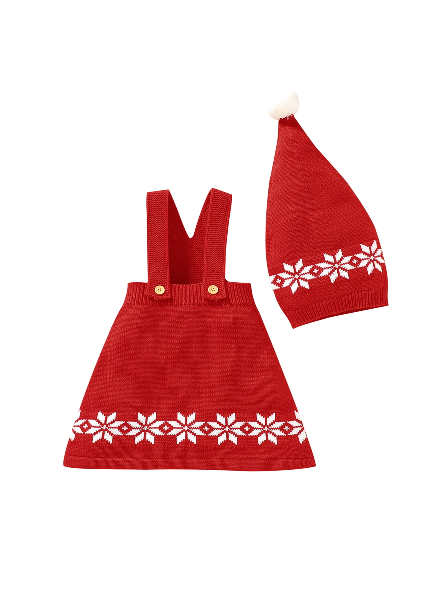 Meihuida Baby Girl Dress Hat Suspender Shoulder Strap Knitting Snowflake Print ALined Dress