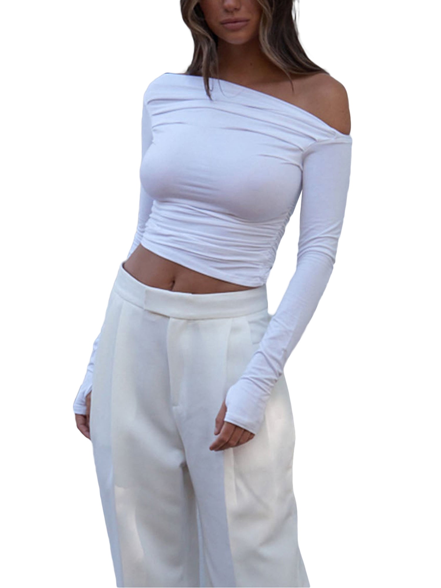 Long sleeve ruched off the shoulder top hot sale