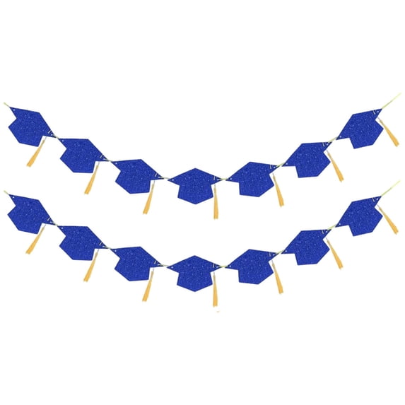 Meiiso 2-Pack Graduation Cap Garland Blue Tassel Pendant, Glitter Pre Strung Congrats Grad with Tassel Banner Decor College High School