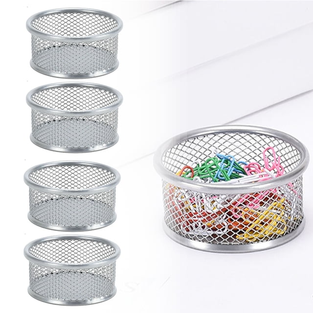 Meiiso 4-Pack Wire Mesh Paper Clip Organizer Desk Storage Holder, Silver Wire Mesh Clip Holder for Desk Organization, Stackable, Metal Construction, for Paper Clips, Pins, or Small Accessories