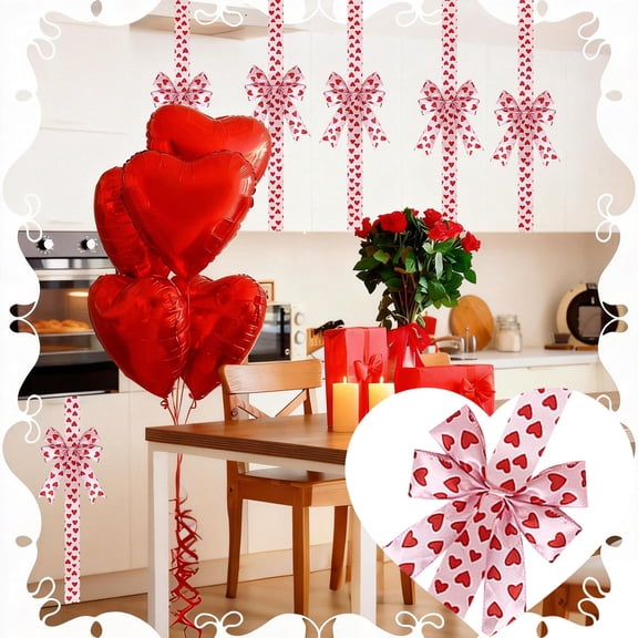 Meiiso 6.56 Ft Valentine's Day Heart Large Bow Decoration, Polyester Fringe Bow for Cabinet Doors, No Batteries Needed Easy to Install, Festive Home Decor, Single Red Heart Bow