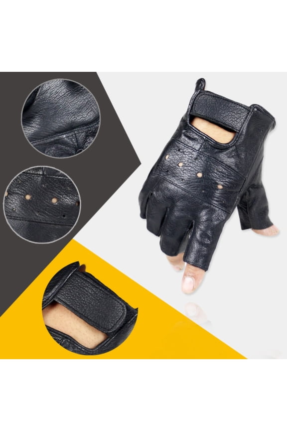 Black Fingerless Genuine Leather Gloves for Men Women Biker Punk