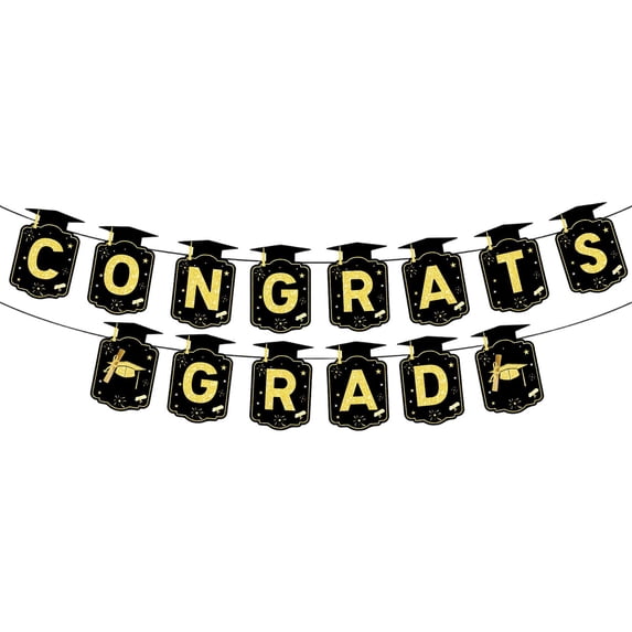 Meiiso Black Gold Graduation Garland 14pc Flag Pull, Congrats Grad Decor Set with Banner Porch Sign Hanging Honeycomb Centerpieces