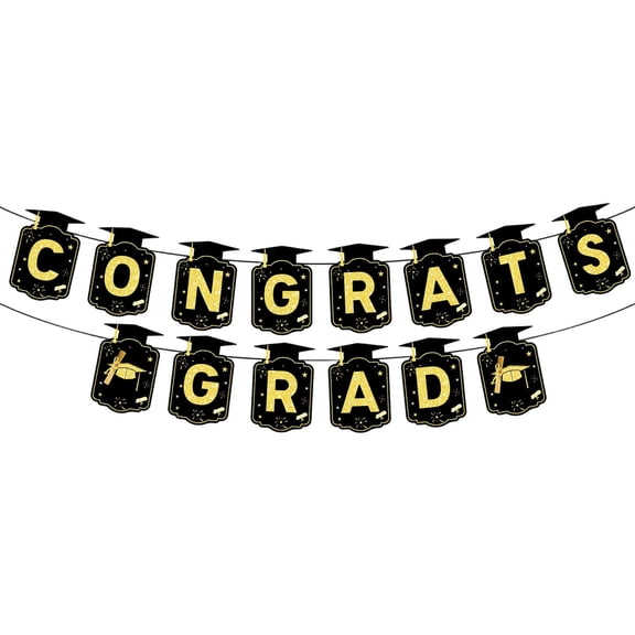 Meiiso Black Gold Graduation Garland 14pc Flag Pull, Congrats Grad Decor Set with Banner Porch Sign Hanging Honeycomb Centerpieces