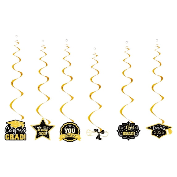 Meiiso Black Gold Graduation Hanging Set 6pc, Congrats Grad Decor Set with Banner Porch Sign Hanging Honeycomb Centerpieces