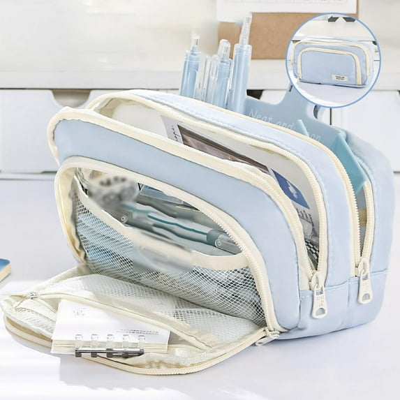 Meiiso Blue 3 Compartment Big Capacity Pencil Case - Simple Aesthetic Stàtí○ñér'y Pouch BU2, Organizer Simple Storage Aesthetic Stàtí○ñér'y Cosmetics for Adults Men Women