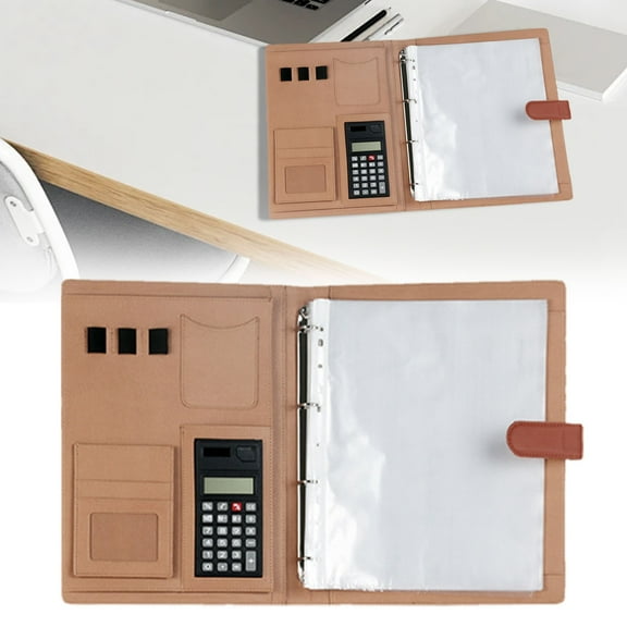 Meiiso Brown Multi Functional Calculator Folder - Transparent Insert Business Contract Organizer, Perforated Measuring Room Negotiation Sheet Storage Signing Contract Folder