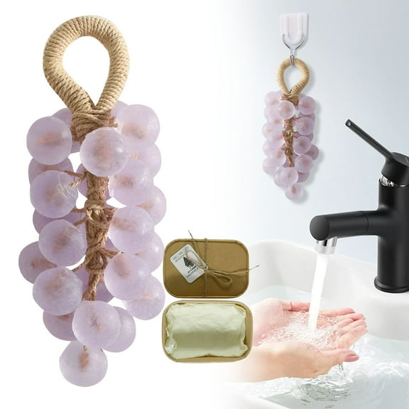 Meiiso Crystal Grape Soap 2, Grape Soap on a Rope Handmade Cluster Shaped Soaps & Body Soap, Hanging for Shower, Kitchens or Bathrooms DIY Home Decor, Air Freshening, Light Purple Round