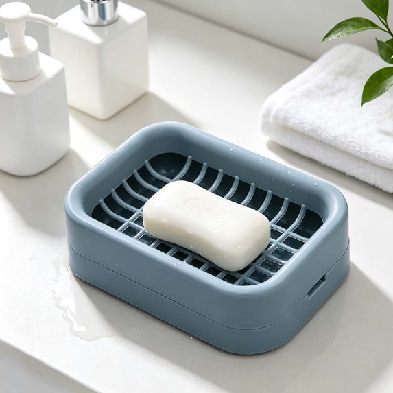 Meiiso Double‑Layer Draining Soap Dish, Plastic Bar Soap Holder with Grid Drain Tray for Bathroom Shower Sink, Dark Gray, 4.92"×3.35"