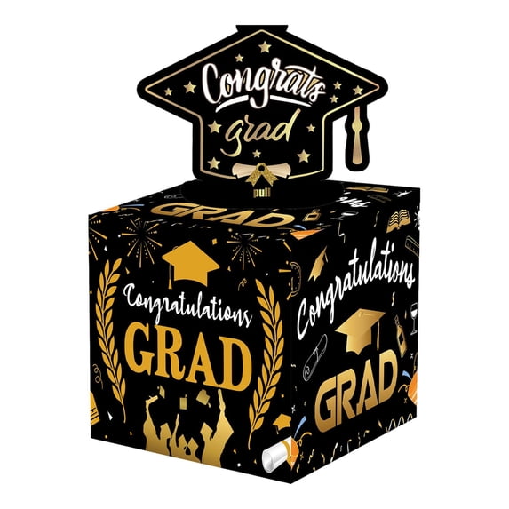 Meiiso Graduation Money Box Surprise Black Gold Cap, Class Of 2026 Holder with 50 Bags Congrats Grad Decoration for Graduation Celebration