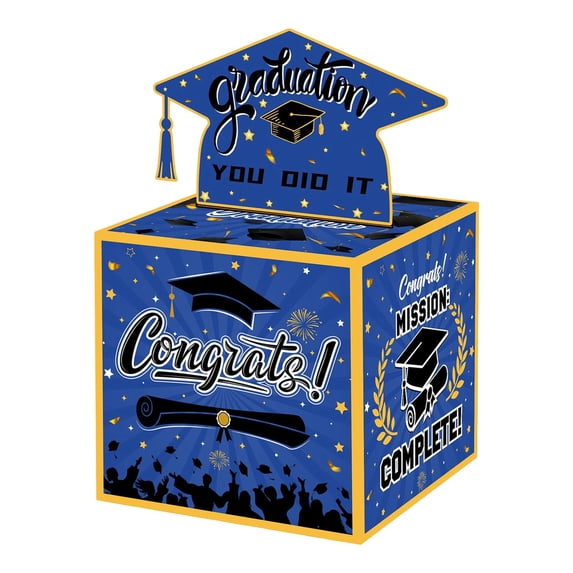 Meiiso Graduation Money Box Surprise Blue Gold Border, Class Of 2026 Holder with 50 Bags Congrats Grad Decoration for Graduation Celebration