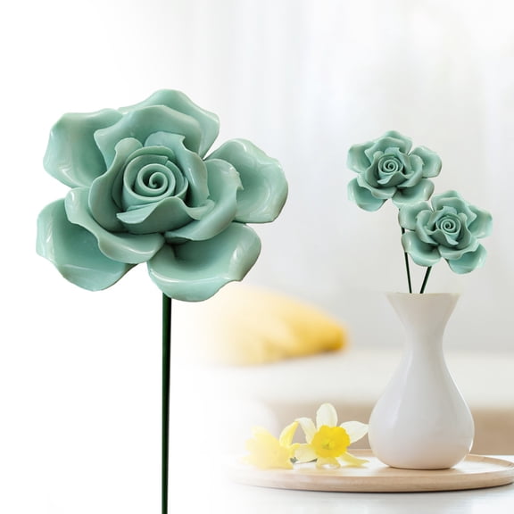 Meiiso Handmade Ceramic Roses, Set of 1 Realistic Decorative Flowers 14" Tall for Home Decor, Artificial Flowers that Don't Fade, Green Color