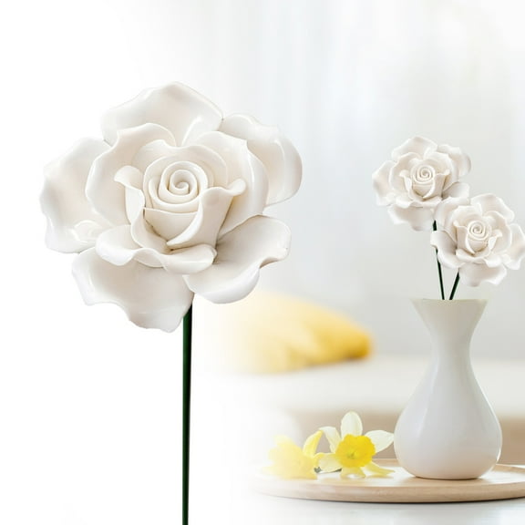 Meiiso Handmade Ceramic Roses, Set of 1 Realistic Decorative Flowers 14" Tall for Home Decor, Artificial Flowers that Don't Fade, White Color