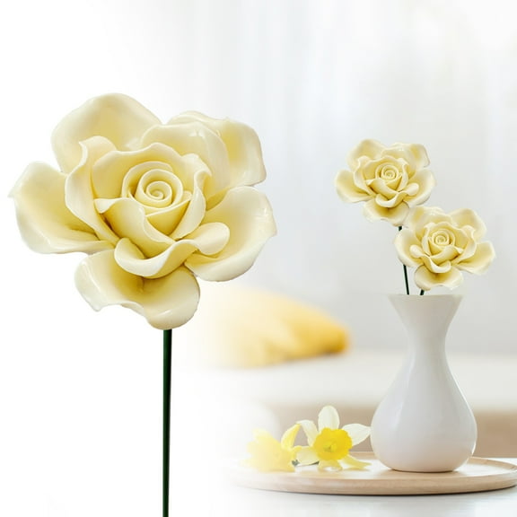 Meiiso Handmade Ceramic Roses, Set of 1 Realistic Decorative Flowers 14" Tall for Home Decor, Artificial Flowers that Don't Fade, Yellow Color