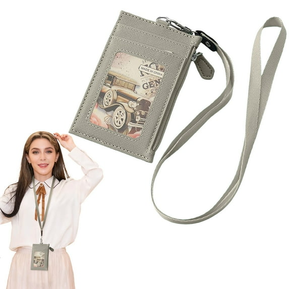 Meiiso Leather Cardholder with Lanyard Gray Pu Neck Holder