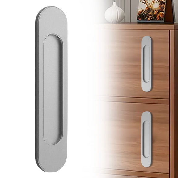 Meiiso Oval Gentleman Gray No-Drill Sliding Door Handle Punch Free Flush Pull Cabinet, Aluminum Alloy Barn Door Handle
