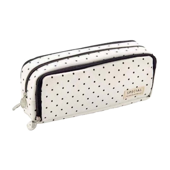 Meiiso Pencil Case Polkadots Pattern for Girls, Large White 3 Zippered Canvas Pencil Box Multifunctional Partitioned and Cosmetic Storage for High School, College, Teachers, Office and Travel
