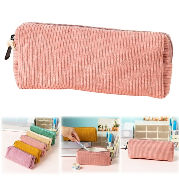 Meiiso Pink Retro Corduroy Pencil Case, Retro Corduroy Solid Color Pencil Case Artistic and Stationery Bag High Student Storage Bag Stationery Box