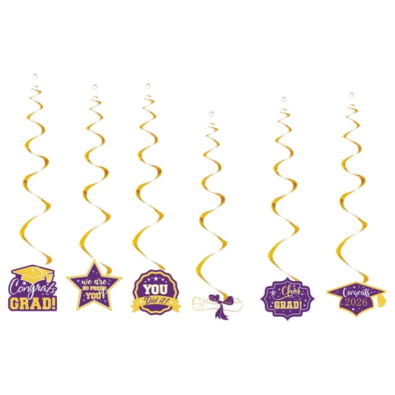 Meiiso Purple Gold Graduation Hanging Set 6pc, Congrats Grad Decor Set with Banner Porch Sign Hanging Honeycomb Centerpieces