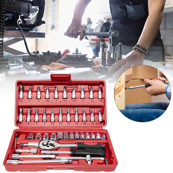 Meiiso Red 46-Piece Galvanized Repair Tool Kit, Combination Socket Set with Storage Case Metric, Chrome Vanadium 72-Tooth Ratchet Compact Car Repair Tools