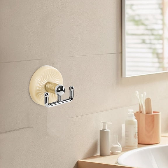 Meiiso Suction Cup Double Hook, Strong Suction Cup Hooks for Shower & Bathroom, Multi Color, Suitable for Glass Tiles, No Drill ABS Hooks, Beige Color