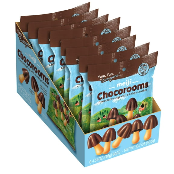 Meiji Chocorooms Crispy Crackers, DHF10Milk and Dark Chocolate Combination - 1.34 oz, Pack of 8 - Bite Sized Crackers in Fun Mushroom Shapes