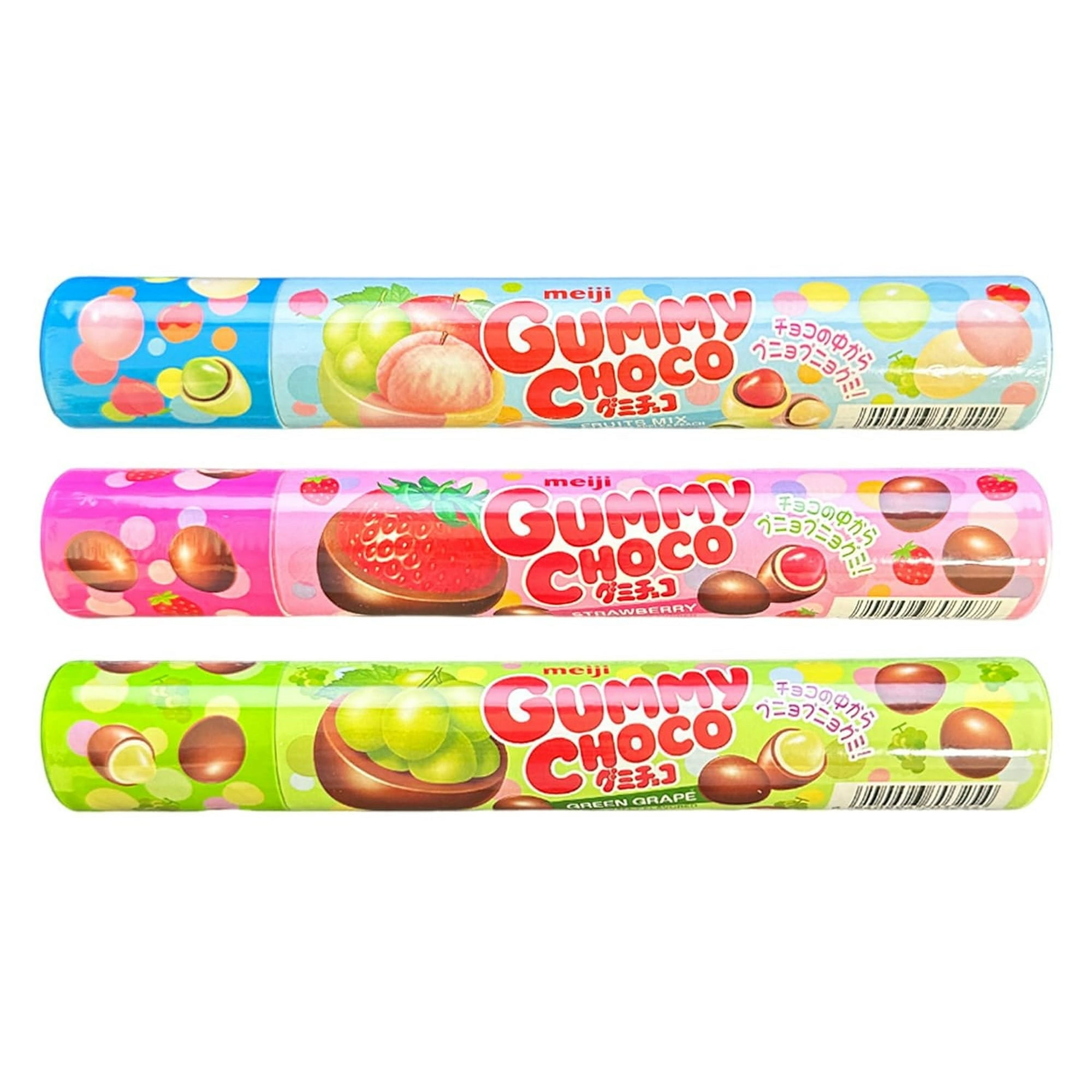 Meiji Gummy Choco, Japanese Chocolate Covered Gummi, Variety Flavors (Strawberry, Green Grape