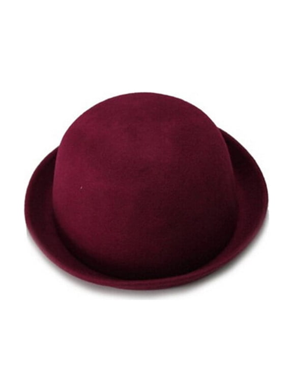 Wine Red Wool Dome Bowler Hat Roll Up Brim Soft Warm Material