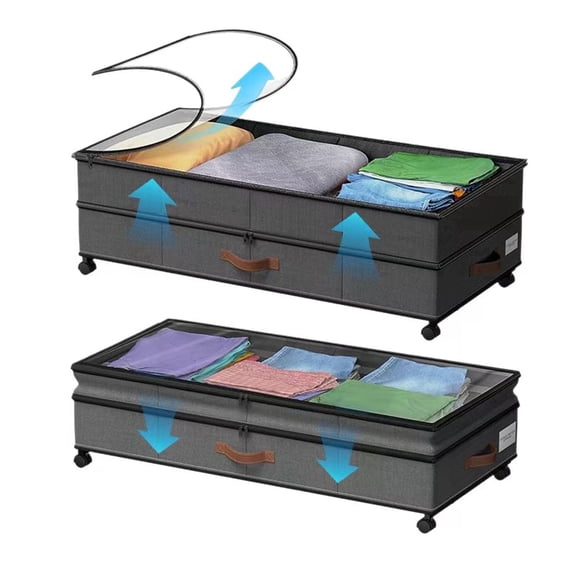 Meikd Under Bed Storage Bin with Wheels & Transparent Lid – 72L XXL Large Adjustable Height Underbed Organizer (11-Inch), No Assembly Required for Clothes, Shoes & Blankets (Gray)