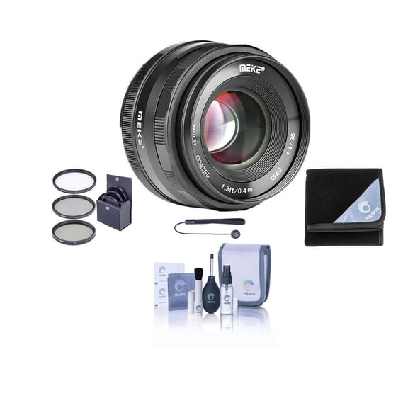 Meike 35mm f/1.4 Lens for Sony E, Black, Bundle with ProOptic 49mm Filter Kit, Lens Wrap, Cleaning Kit, Cap Tether