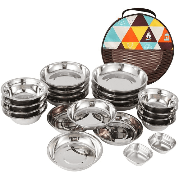 Meilimei 22PCS Portable Dinner Plates Camping Tableware Set Polished Stainless Steel Bowls Soup Pots with Storage Bag for Outdoor Cooking Camping Picnic Barbecue
