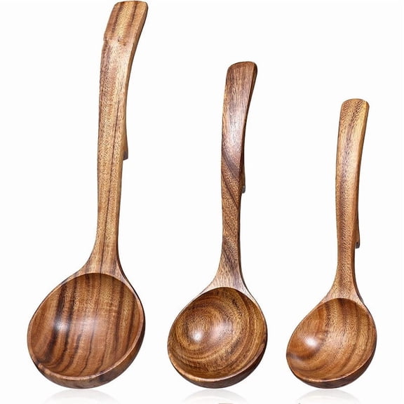 Meilimei 3-Piece Wooden Soup Ladle Set, Natural Teak Wood Cooking Spoons with Pot Hooks, Non-Scratch Kitchen Utensils for Stirring, Mixing & Serving Soup/Pasta (10.8" Large, 9" Medium, 7.7" Small)
