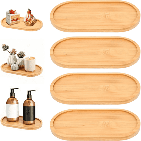 Meilimei 4 Pack Bamboo Tray Set, 6.9x3.5 Inch Oval Wooden Trays, Bathroom Counter Tray for Soap, Jewelry, Kitchen, Serving Snacks, Vanity Organizer, Natural Decor