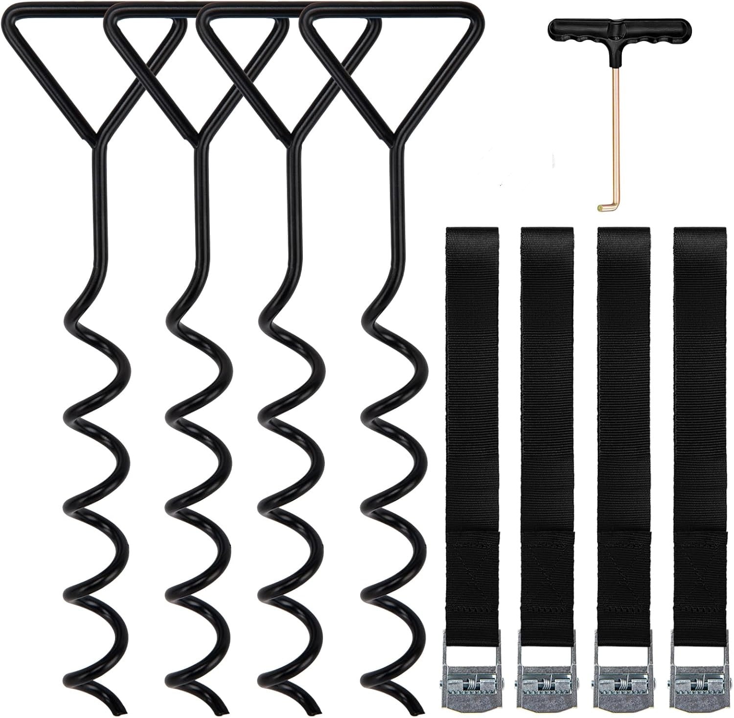 Meilimei 4-Pack Corkscrew Shape Steel Trampoline Stakes Anchors, Heavy-Duty Spiral Ground Anchors Kit with Straps, Black Galvanized Windproof Stabilizers for Trampoline, Outdoor Tent, Canopy Security