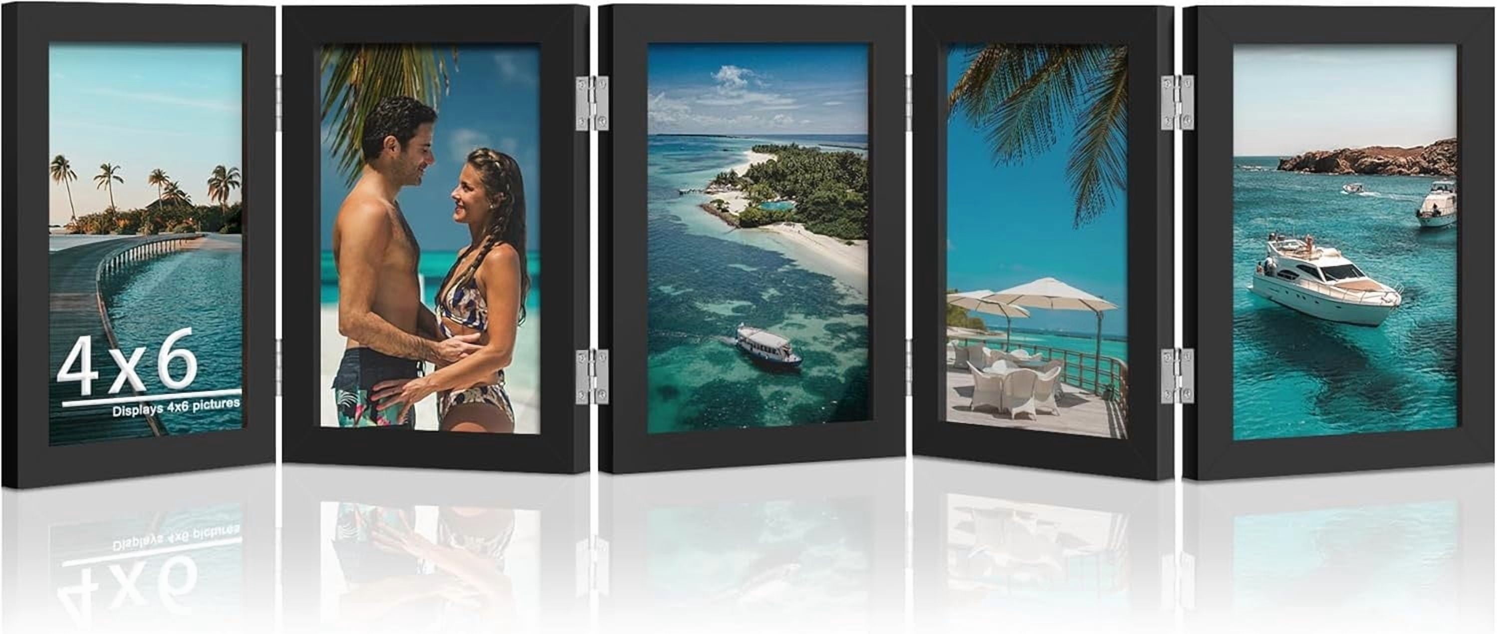 Meilimei 4x6 Picture Frame Collage - 5 Folding Multi Photo Frame, Horizontal Accordion Style with Plexiglass, Tabletop Bookshelf Display for 4x6 Pictures (Black)