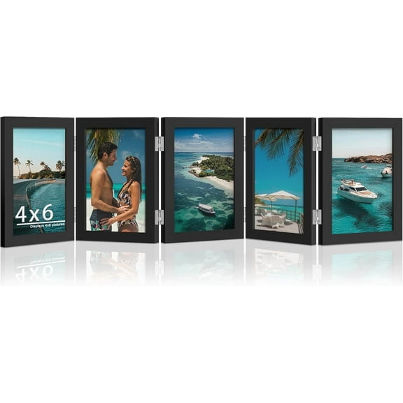 Meilimei 4x6 Picture Frame Collage - 5 Folding Multi Photo Frame, Horizontal Accordion Style with Plexiglass, Tabletop Bookshelf Display for 4x6 Pictures (Black)