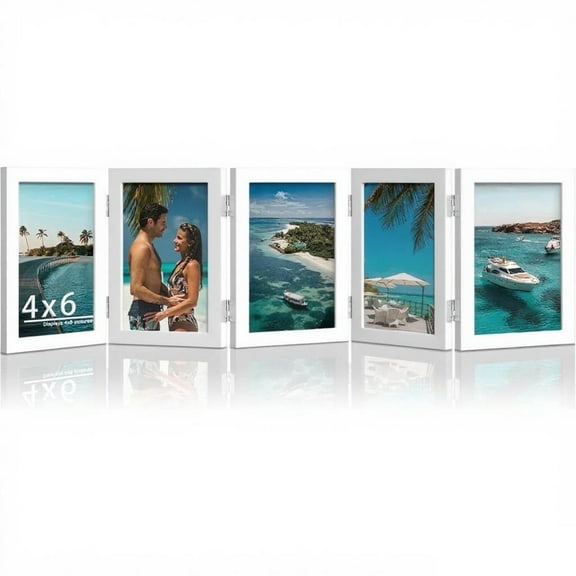 Meilimei 4x6 Picture Frame Collage - 5 Folding Multi Photo Frame, Horizontal Accordion Style with Plexiglass, Tabletop Bookshelf Display for 4x6 Pictures (White)