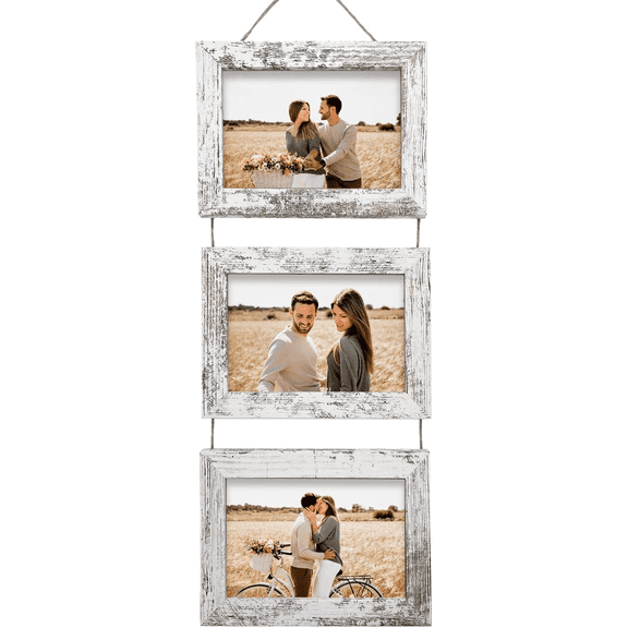 Meilimei 4x6 Wall Hanging Picture Frames Collage with 3 Opening Distressed White Frames
