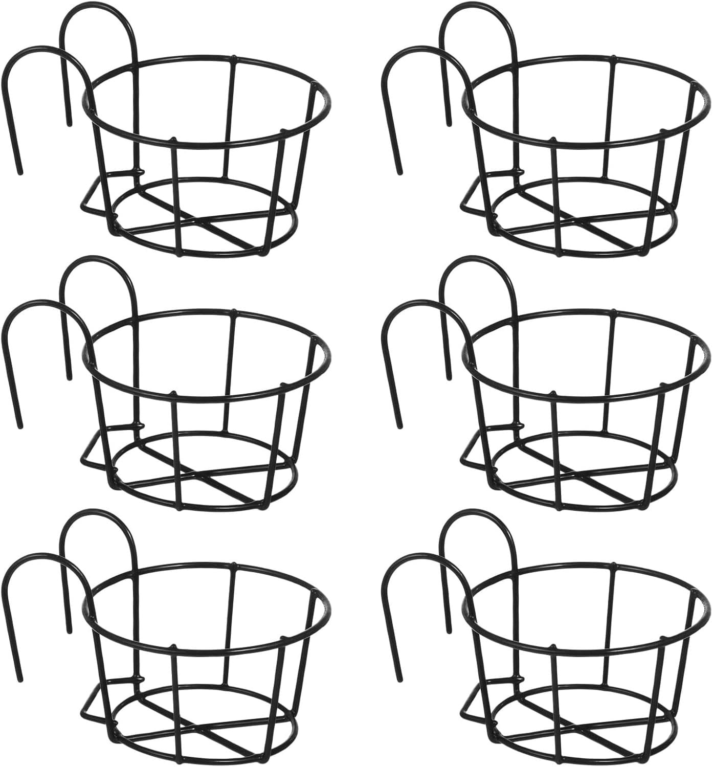 Meilimei 6-Pack Hanging Planters for Railings, 6.3 Inch Round Metal Flower Pot Holders with Double Hook, Outdoor Indoor Black Iron Plant Hangers for Balcony, Fence, Garden Decor