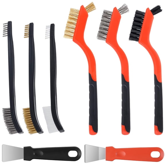 Meilimei 8PCS Wire Brush Set with Scraper, 3 Types of Brass Steel & Nylon Brush Heads in 2 Sizes Each, Multi-Surface Cleaning Tool for Rust, Welding Slag, Paint and Dust