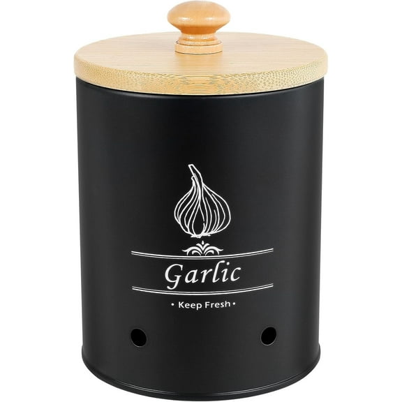 Meilimei Carbon Steel Garlic Keeper with Wood Lid, 1.28L Farmhouse Style Ventilated Storage Box, Garlic Saver Container for Kitchen Countertop, Black