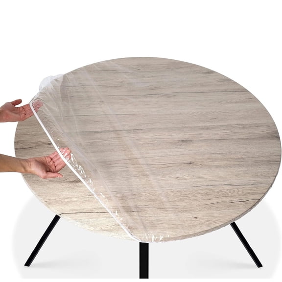 Meilimei Clear Round Fitted Vinyl Tablecloth, 57-68 Inch Elastic Edge Waterproof PVC Table Cover, Oil-Proof Transparent Table Protector for Indoor Outdoor Use