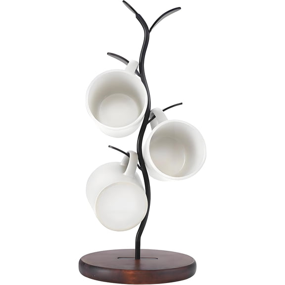 Meilimei Countertop Mug Tree, Bamboo and Wrought Iron Cup Holder with 4 Leaf-Shaped Hooks for Large Mugs, Minimalist Mug & Tea Cup Storage Rack for Kitchen Countertop