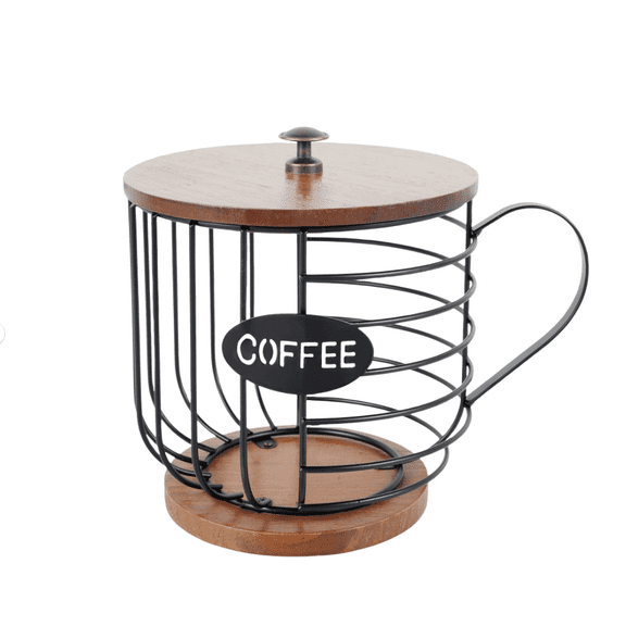 Meilimei Mug Shape Coffee Pod Holder, Rustic Storage Organizer with Wooden Lid, Large Capacity Wire Basket for Keurig Capsules, Kitchen Countertop Decor for Coffee Bar, Black