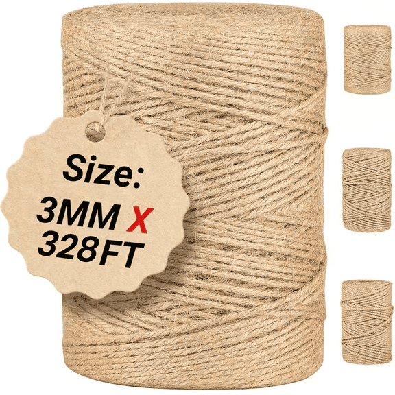 Meilimei Natural Jute Twine String3mm - Length 328ft / 100m Kitchen, Gift Wrapping, Gardening Plant Ties Twine for Christmas Decor, Ornament Stringma