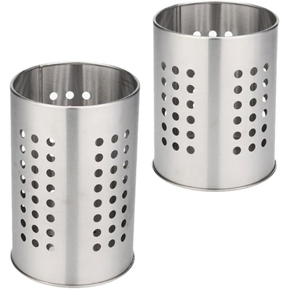Meilimei Stainless Steel Utensil Holder, 2-Pack Kitchen Utensil Drying Rack with Drain Holes, Cutlery Organizer for Forks Spoons Knives, Space-Saving Countertop Storage Cylinder