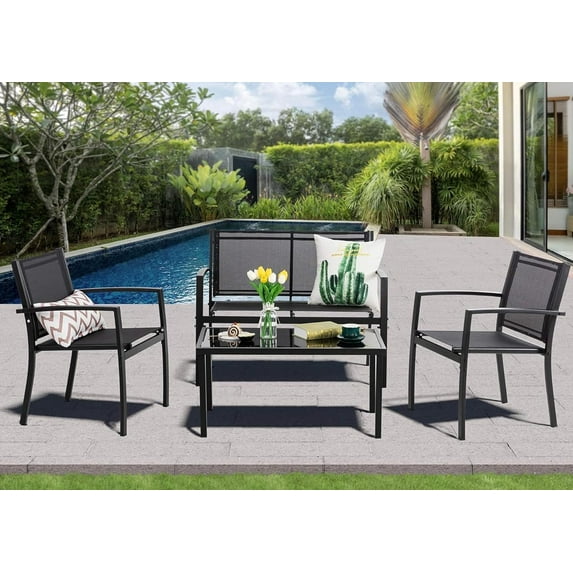 Meilocar 4 Pieces Patio Furniture, Textilene Metal Outdoor Furniture Set, Modern Conversation Set with Loveseat Tea Table, Small Outdoor Patio Chat Set for Backyard, Porch, Lawn and Balcony (Black)