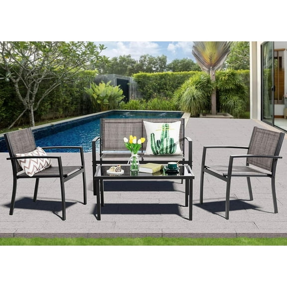 Meilocar 4 Pieces Patio Furniture, Textilene Metal Outdoor Furniture Set, Modern Conversation Set with Loveseat Tea Table, Small Outdoor Patio Chat Set for Backyard, Porch, Lawn and Balcony (Brown)