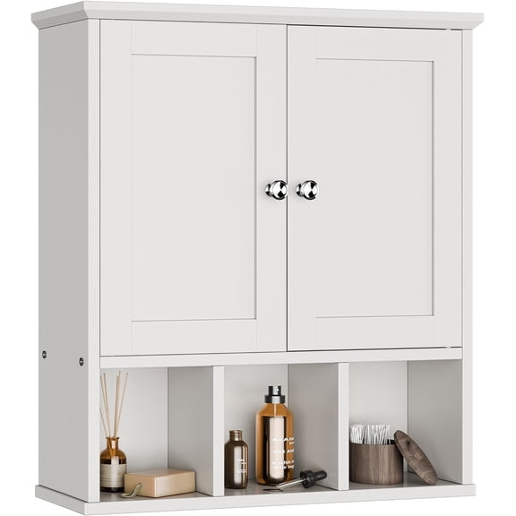 Meilocar Bathroom Wall Cabinet, Bathroom Cabinet Wall Mount with 2 Doors and 3 Open Shelves, Over The Toilet Wood Medicine Cabinets, White